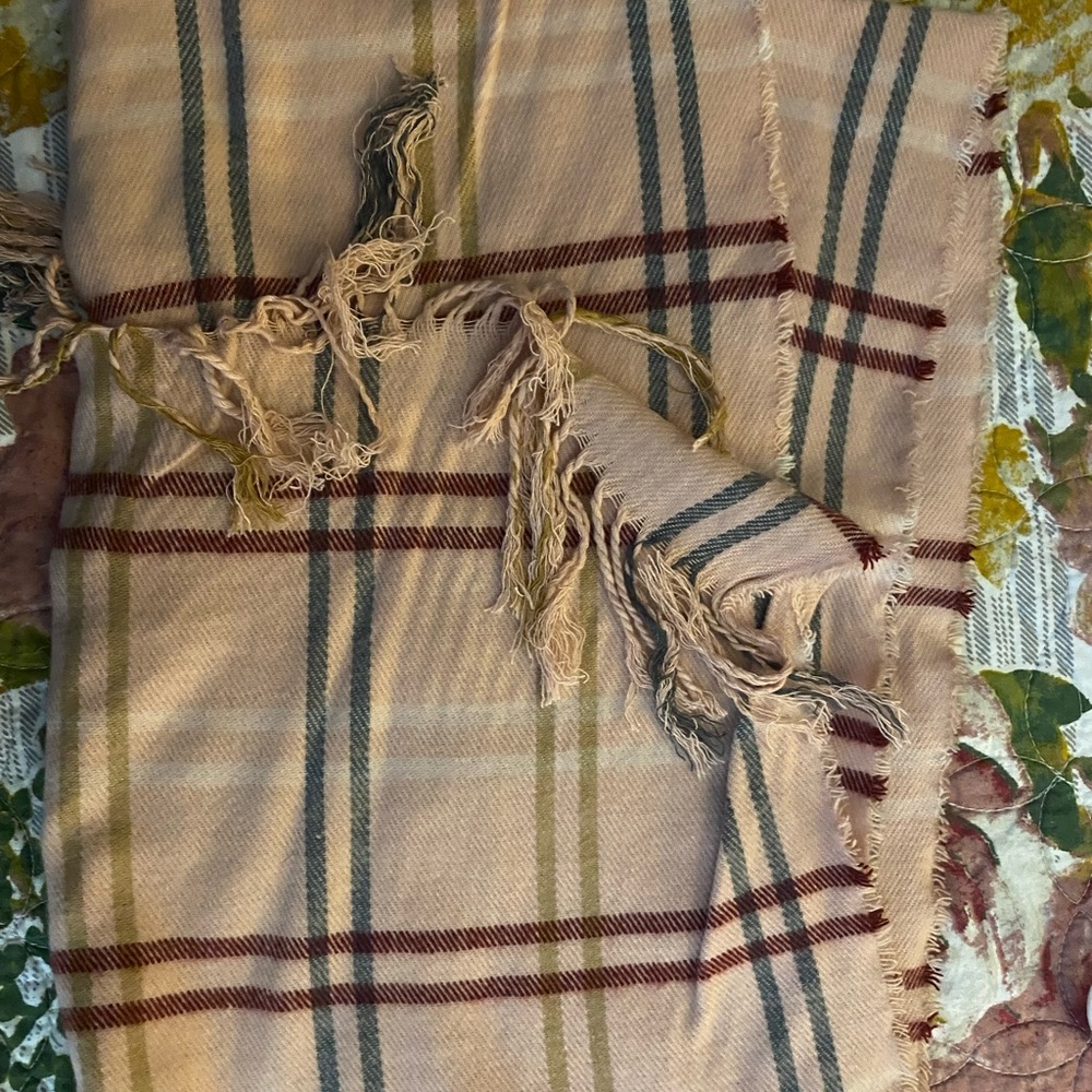 Steve Madden Beige Plaid Scarf with Fringe